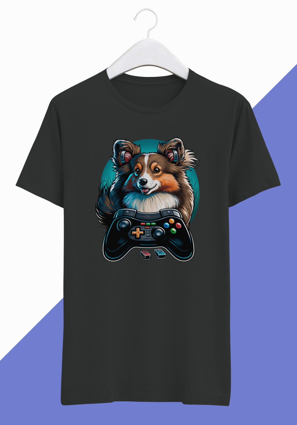 short-sleeve-black-t-shirt-for-men-retro-dog-with-a-game-controller