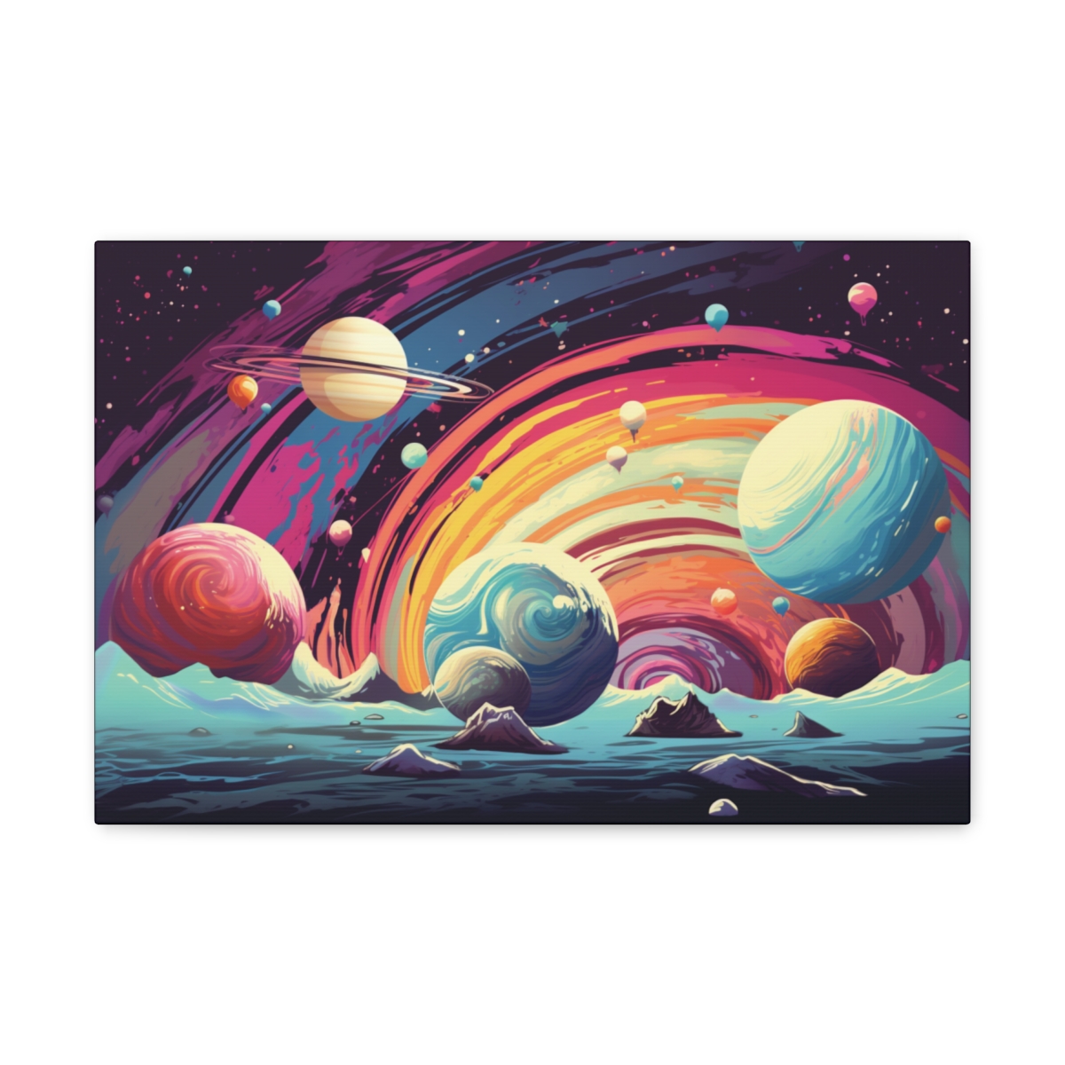Trippy Galaxy Planets Art Canvas Print: Little Orbs Floating