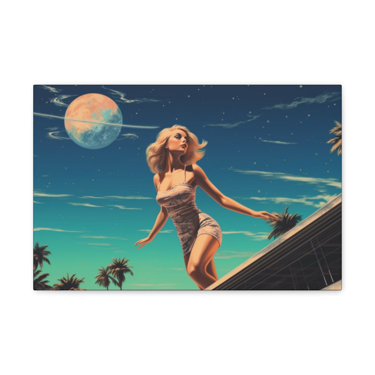 Retro Space Art Canvas Print: Pool Party By The Galaxy