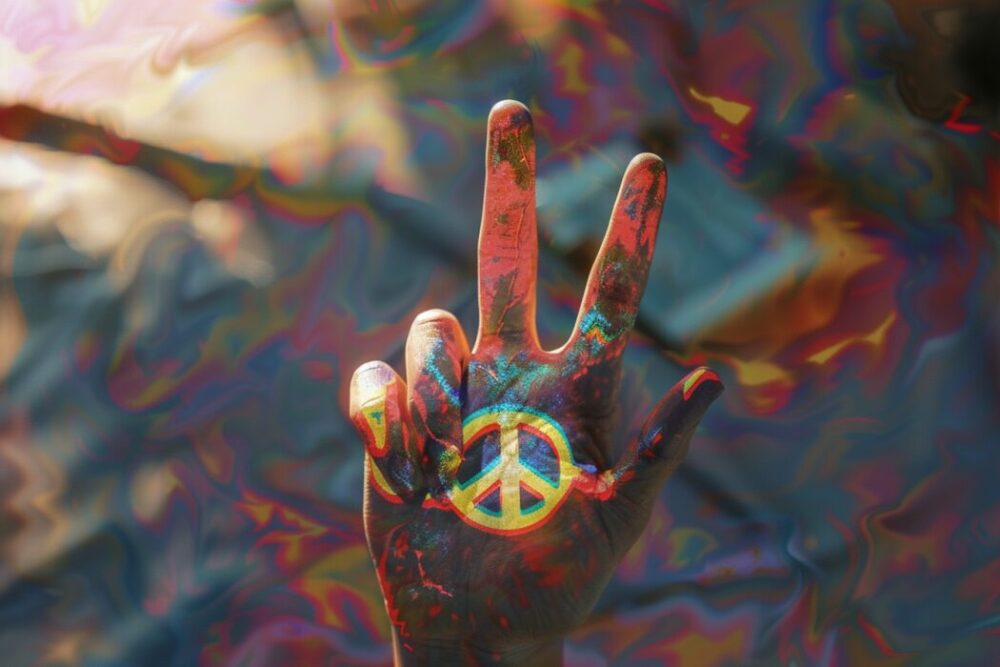 V hand sign in hippie era as a peace symbol